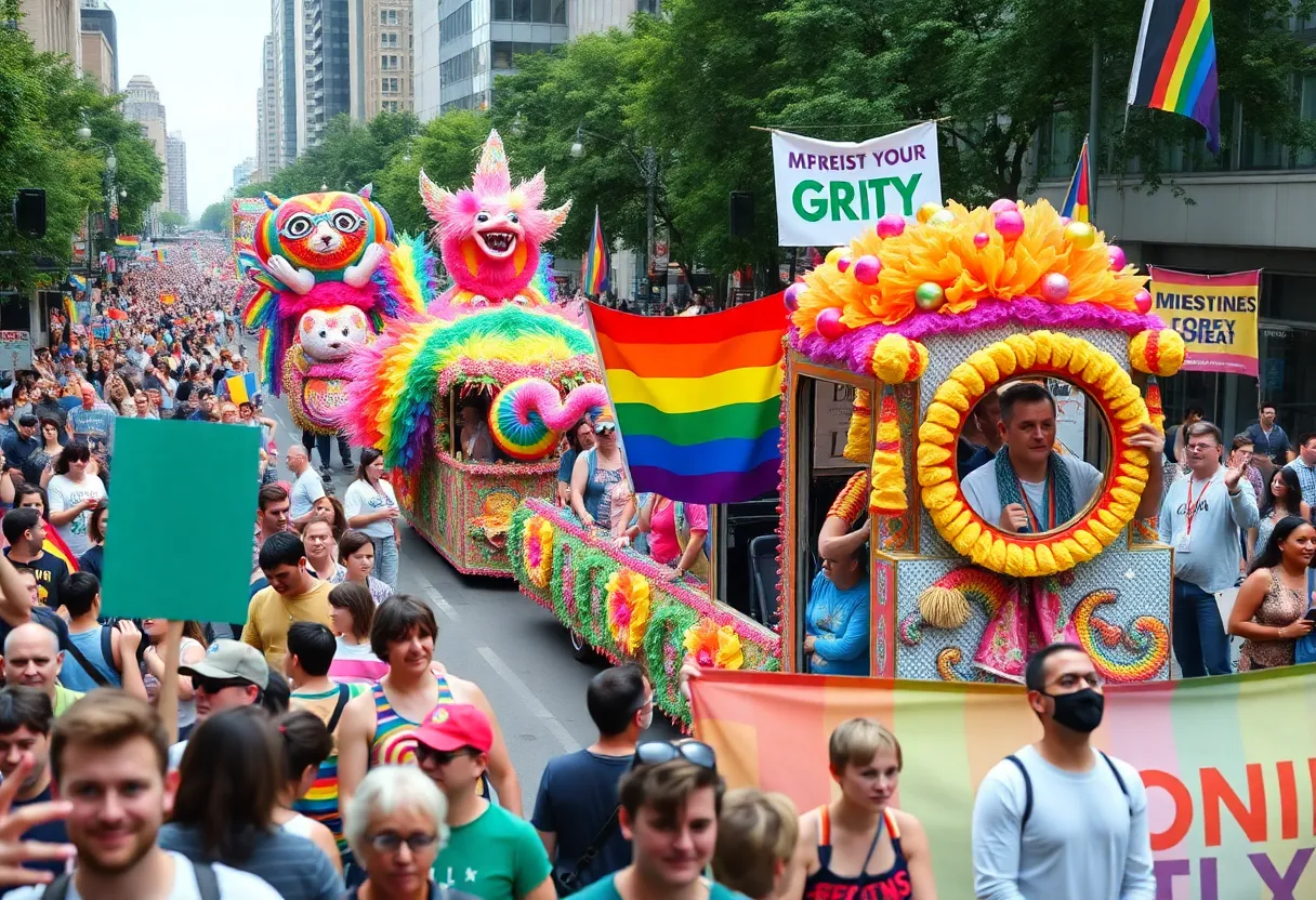 Crowd celebrating during the WeHo Pride Parade with colorful floats.