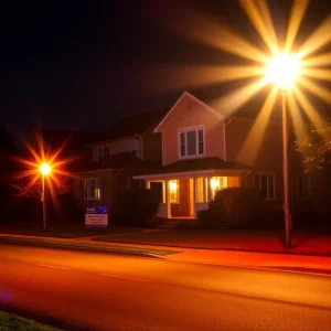 Police lights in front of a house during a burglary investigation