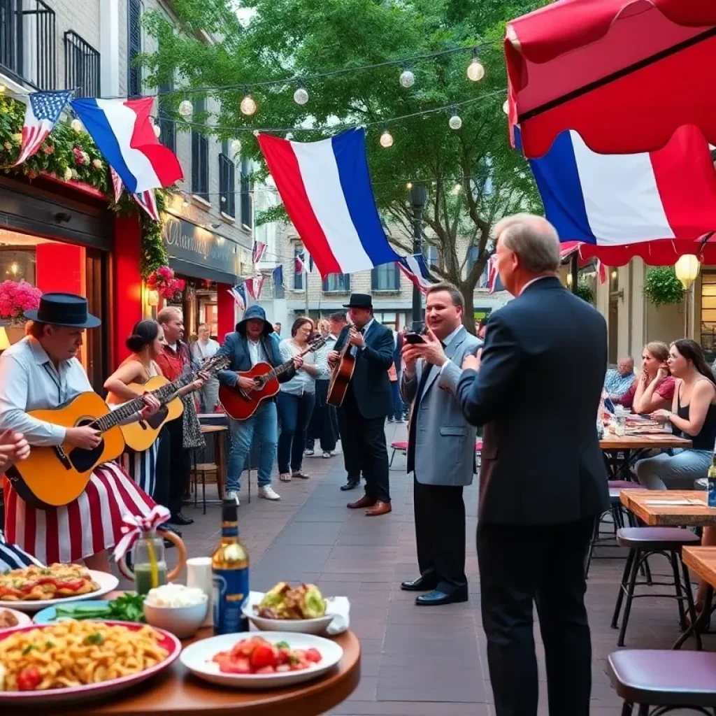Festive Bastille Day celebration in Los Angeles featuring live music and French cuisine.