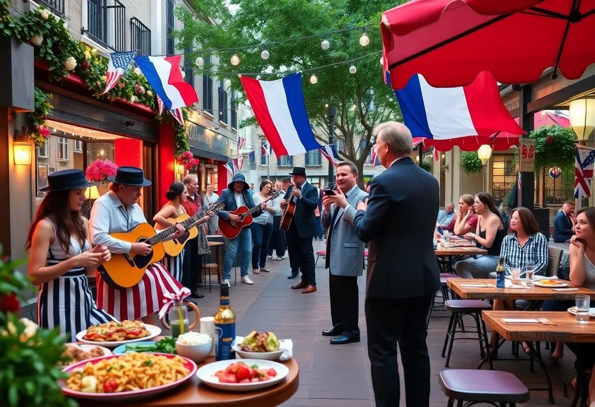 Festive Bastille Day celebration in Los Angeles featuring live music and French cuisine.
