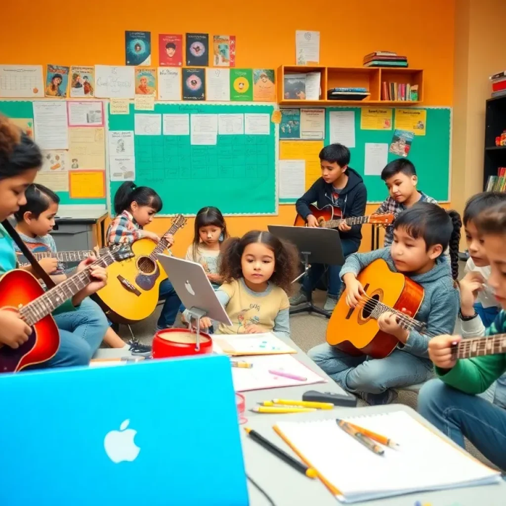 Students in a music classroom celebrating the scholarship launch