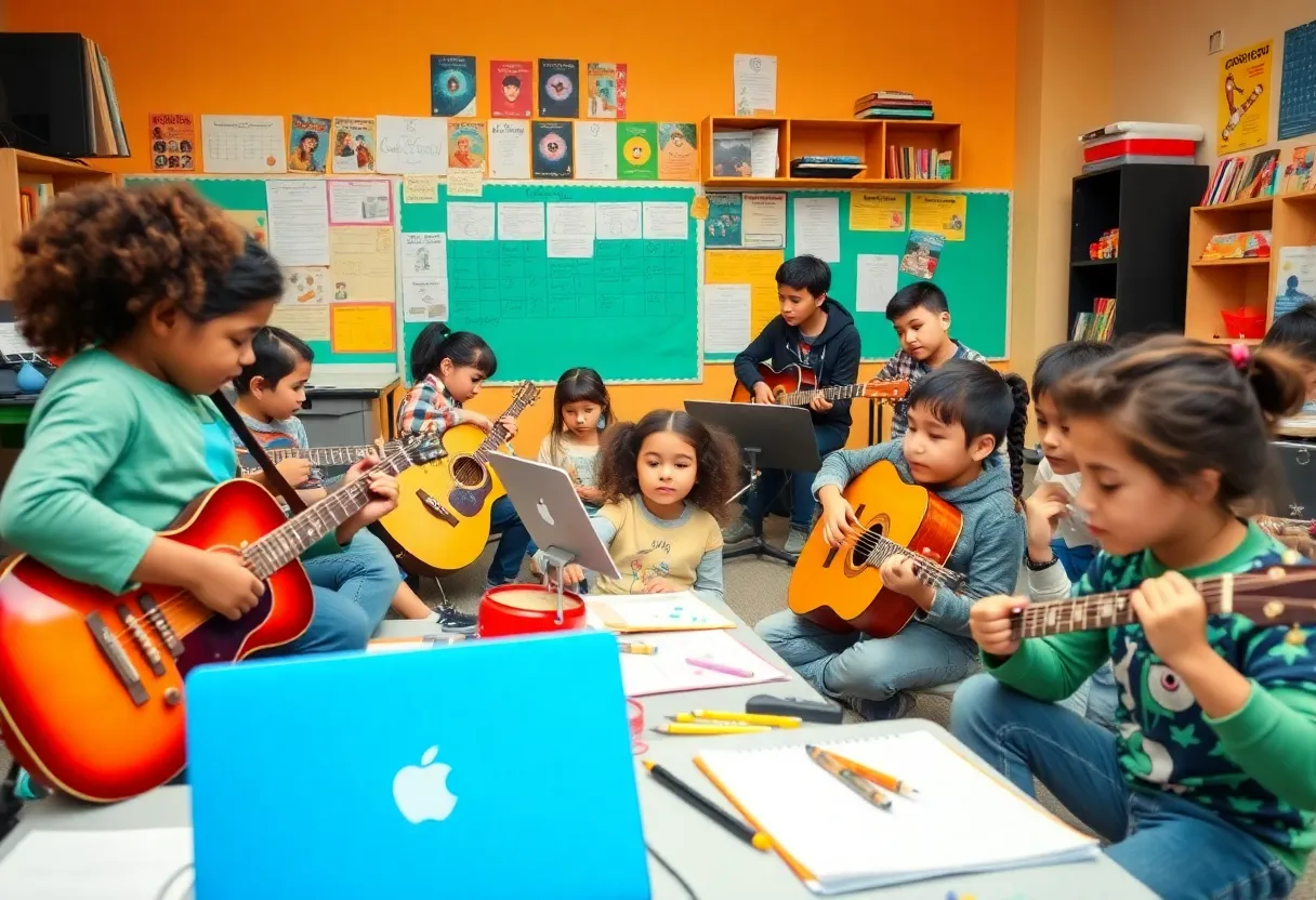 Students in a music classroom celebrating the scholarship launch