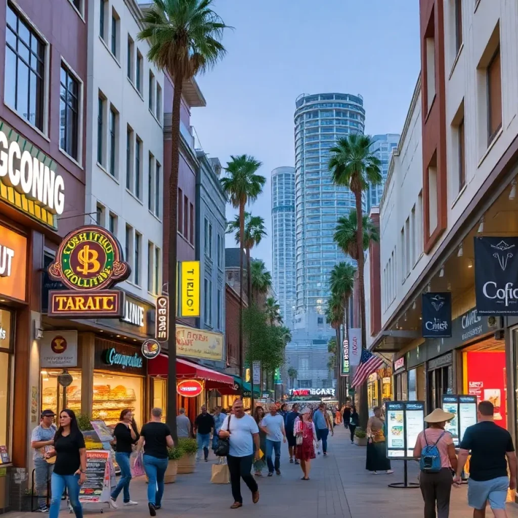Street view of California businesses with shoppers and dining areas