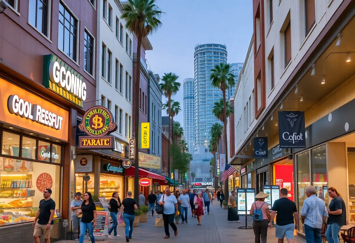 Street view of California businesses with shoppers and dining areas
