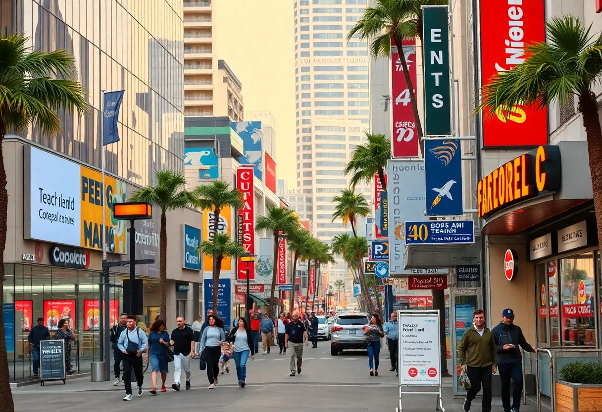 A vibrant California street filled with tech firms and fast food chains.