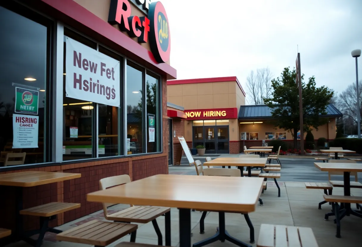 Fast-food restaurant with empty tables, reflecting job losses.