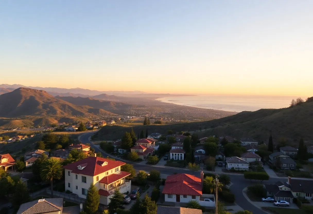 California landscape showing residential homes in both mountain and coastal regions.