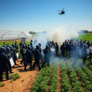 Protesters and federal agents clash outside a cannabis farm.