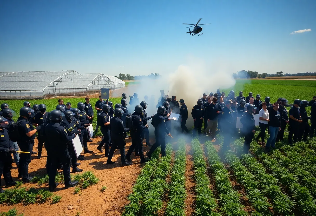 Protesters and federal agents clash outside a cannabis farm.