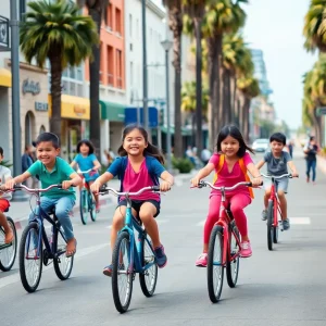 Children riding bicycles in urban Los Angeles