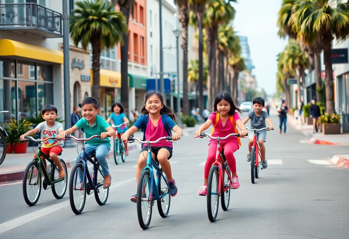 Children riding bicycles in urban Los Angeles