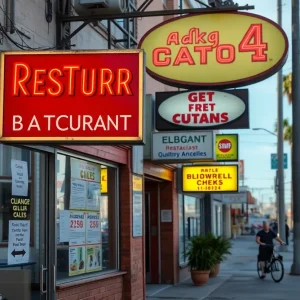 An empty street with closed restaurant signs in Los Angeles