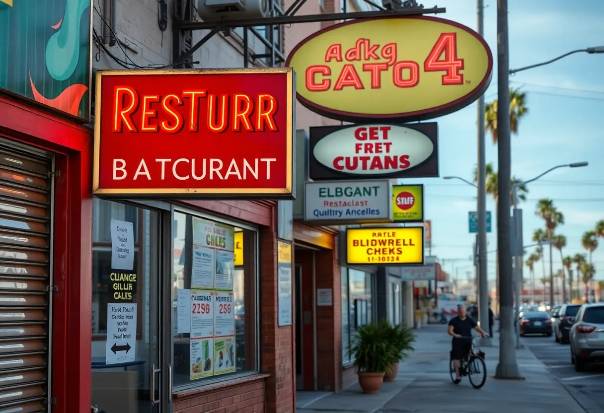 An empty street with closed restaurant signs in Los Angeles