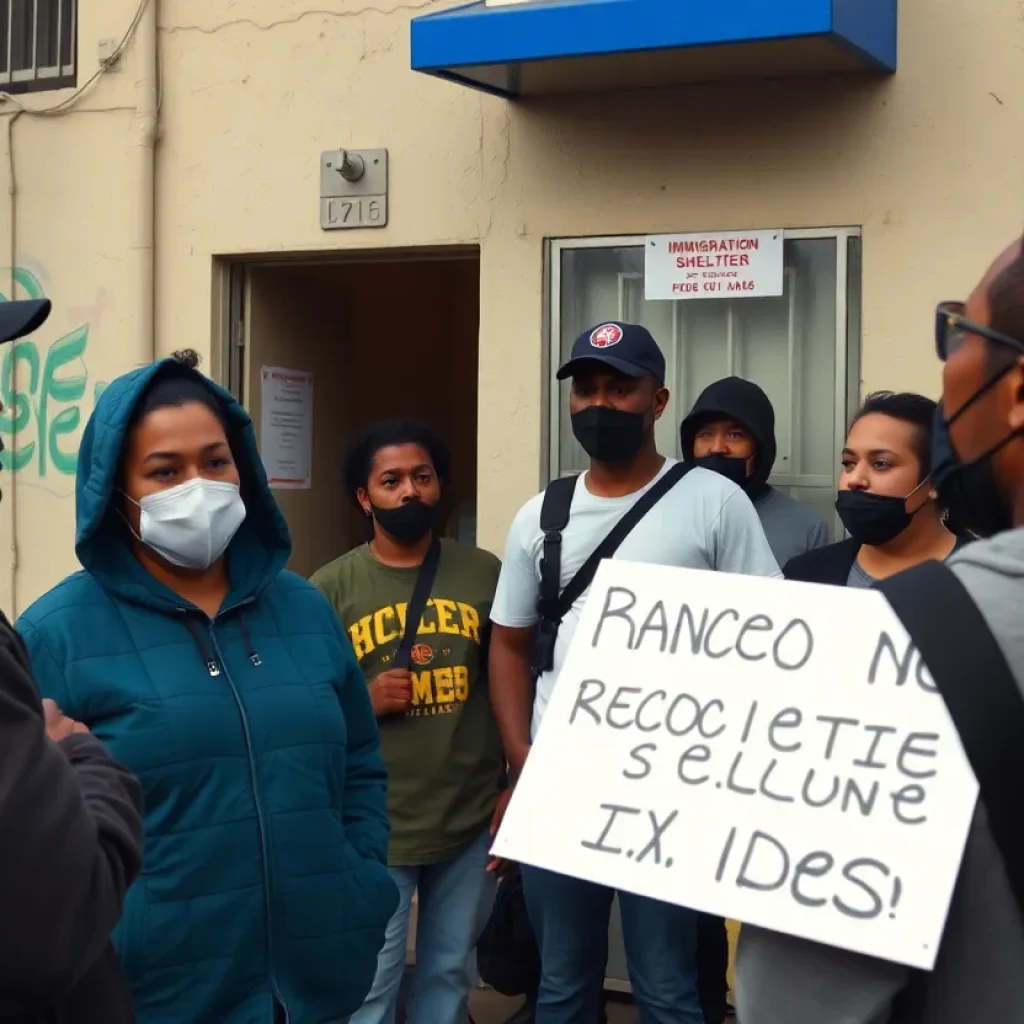Group of community members discussing immigration enforcement concerns outside a shelter in Los Angeles.