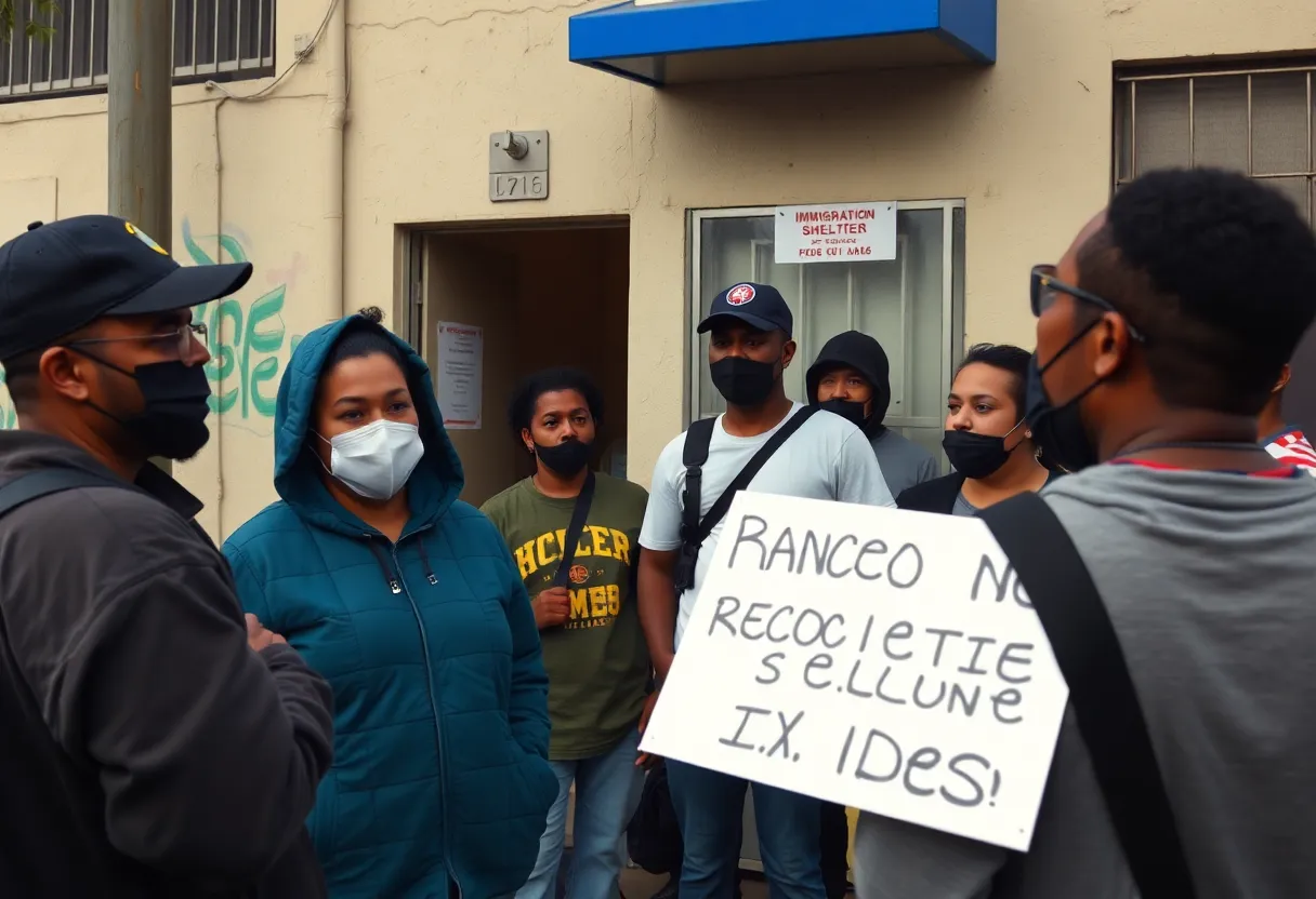Group of community members discussing immigration enforcement concerns outside a shelter in Los Angeles.