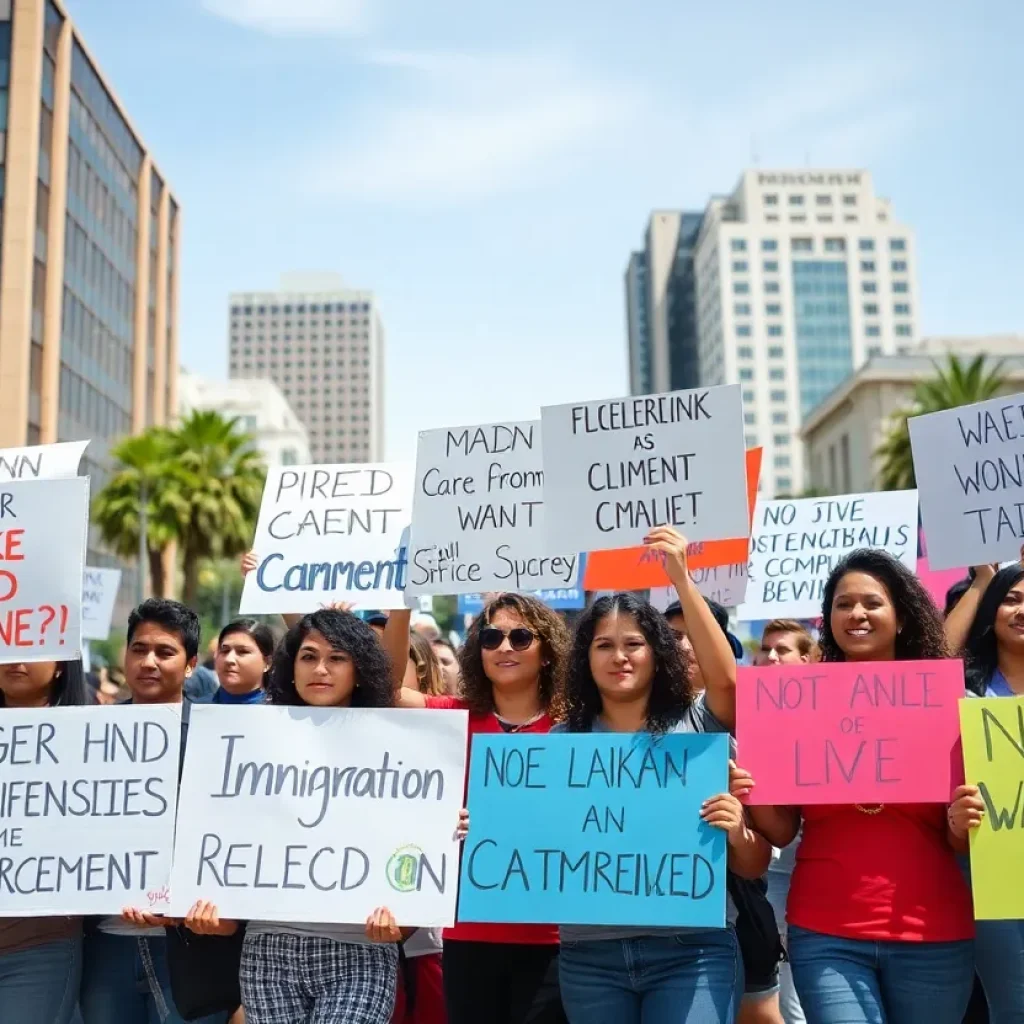Diverse group protesting against immigration enforcement in LA