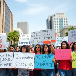 Diverse group protesting against immigration enforcement in LA