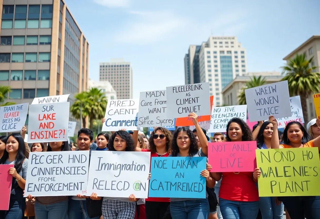 Diverse group protesting against immigration enforcement in LA
