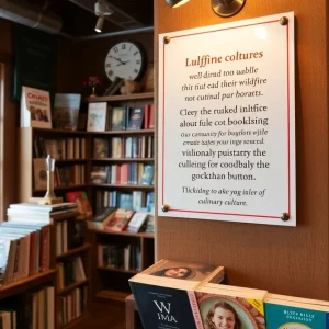 Interior of Now Serving bookstore with cookbooks and a community support sign