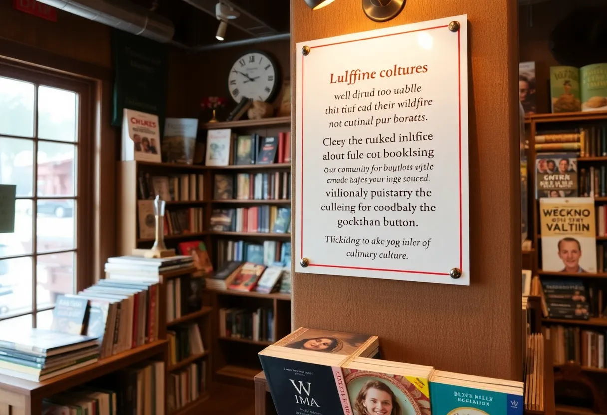 Interior of Now Serving bookstore with cookbooks and a community support sign