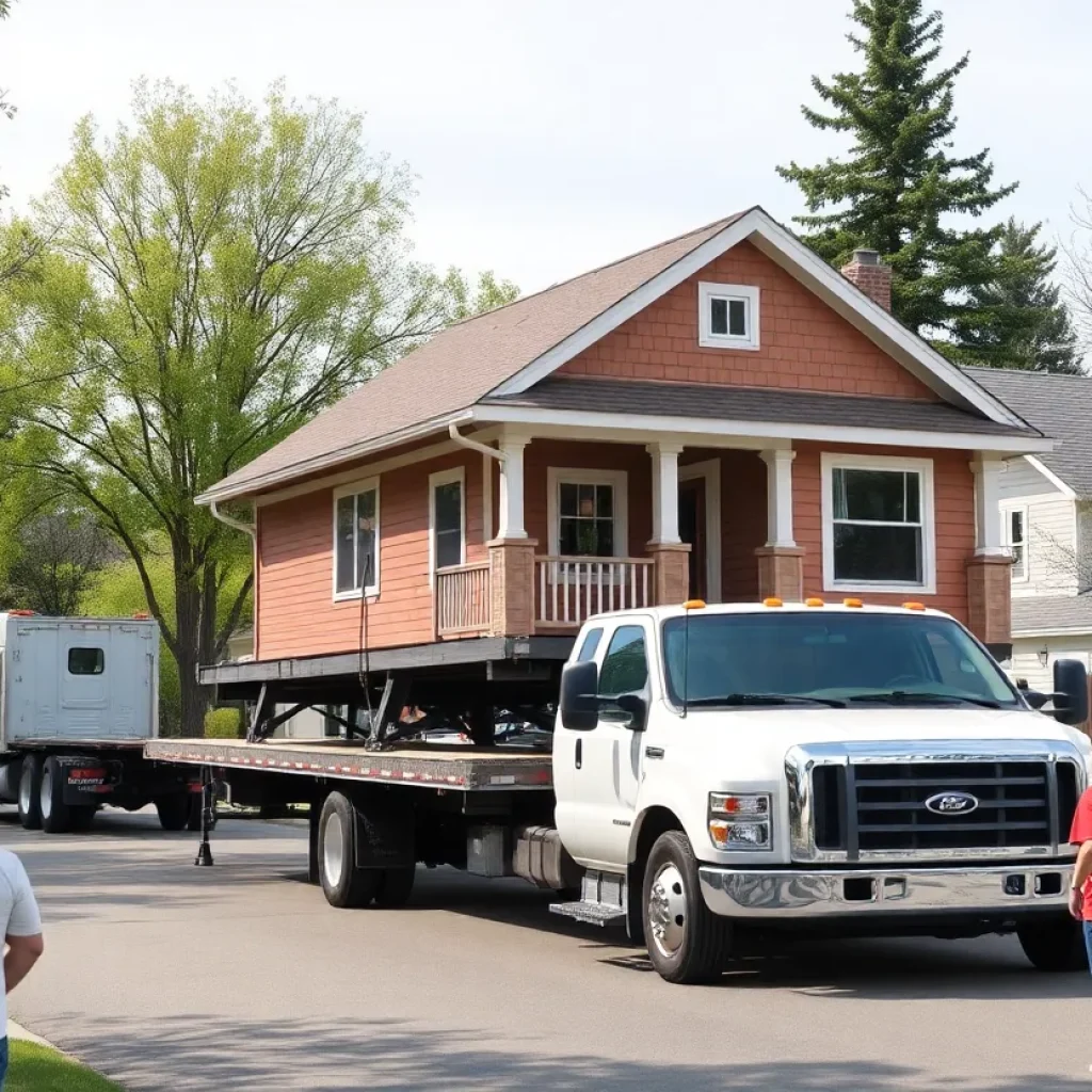 Craftsman-style home being relocated on a flatbed truck in Altadena