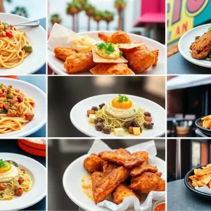 A variety of dishes from Los Angeles restaurants including pasta, fried chicken, and vegan options.