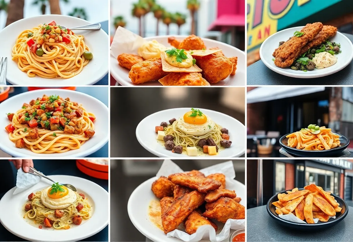 A variety of dishes from Los Angeles restaurants including pasta, fried chicken, and vegan options.
