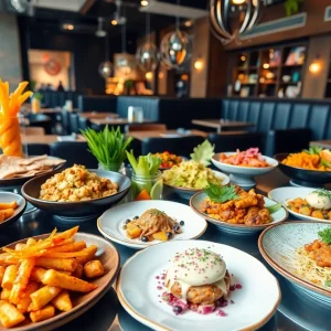 Assorted dishes from Los Angeles restaurants including wraps, kebabs, and desserts displayed beautifully.