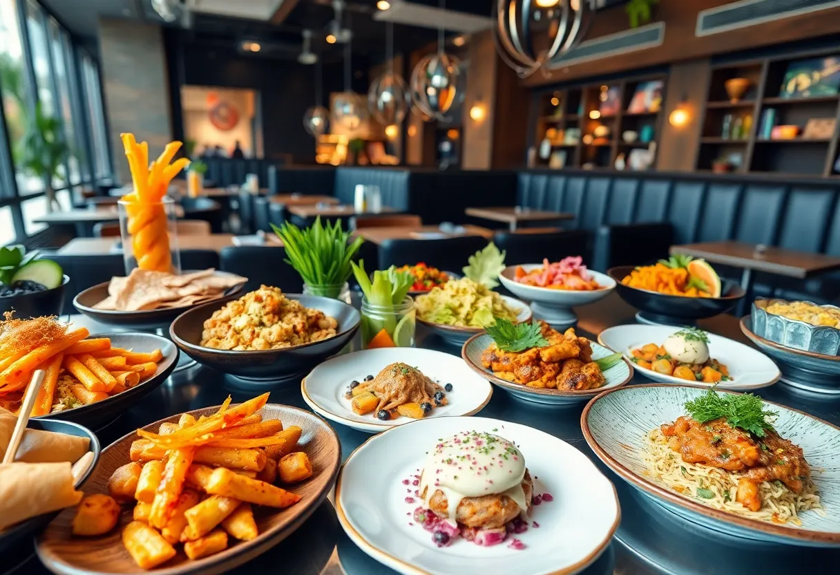 Assorted dishes from Los Angeles restaurants including wraps, kebabs, and desserts displayed beautifully.