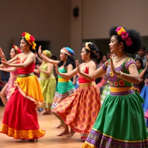 Dancers performing in a colorful display of artistry and cultural expression.