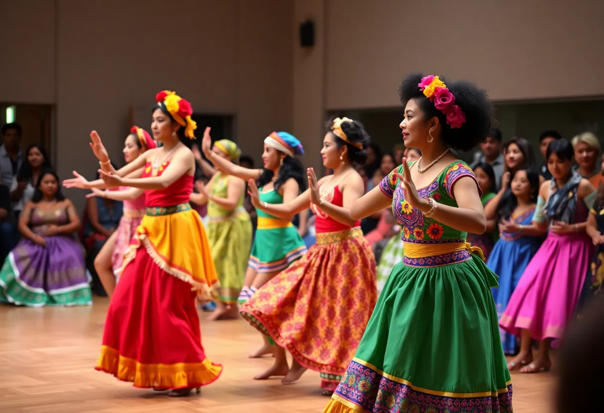Dancers performing in a colorful display of artistry and cultural expression.