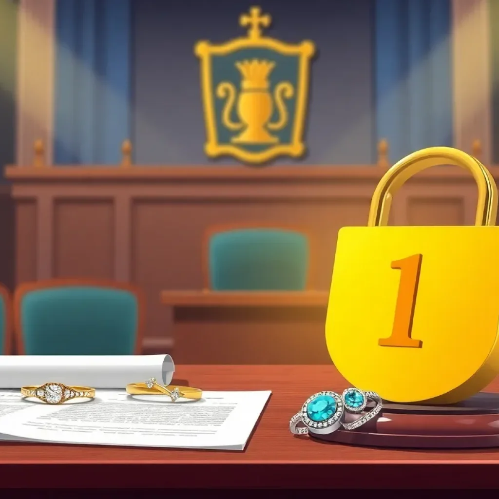 Illustration of a courtroom with jewelry reflecting trademark issues.