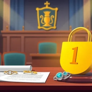 Illustration of a courtroom with jewelry reflecting trademark issues.