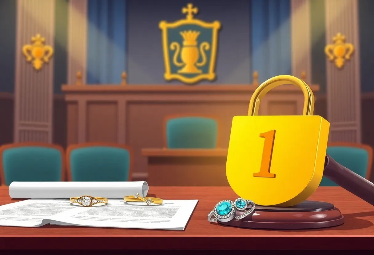 Illustration of a courtroom with jewelry reflecting trademark issues.