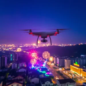 A stunning drone light show over a city for Independence Day celebrations.