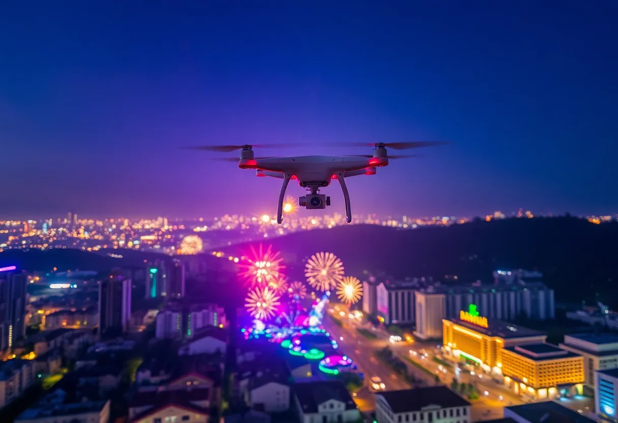 A stunning drone light show over a city for Independence Day celebrations.