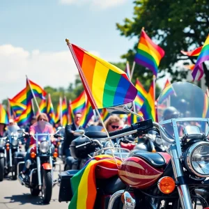 Motorcycles with rainbow flags at the Dyke March