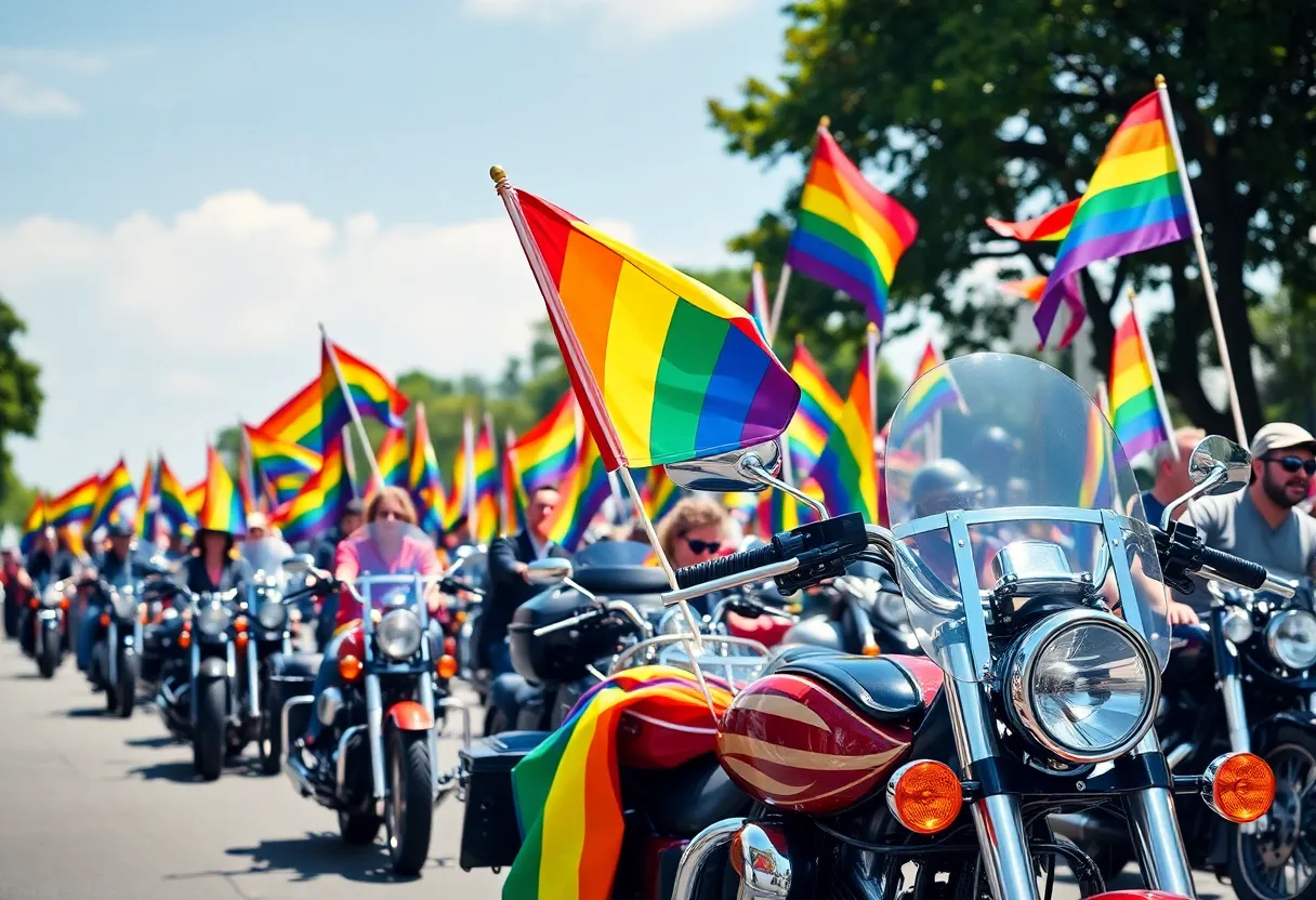Motorcycles with rainbow flags at the Dyke March