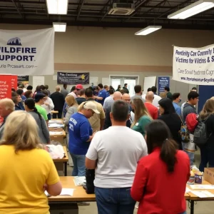 Community members at an Eaton Fire recovery support center in Altadena.