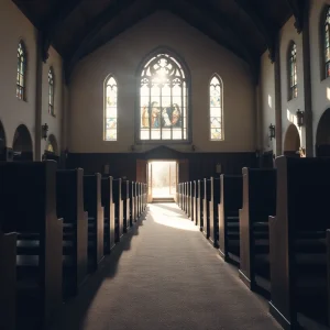 Interior of an empty church with sunlight illuminating the pews