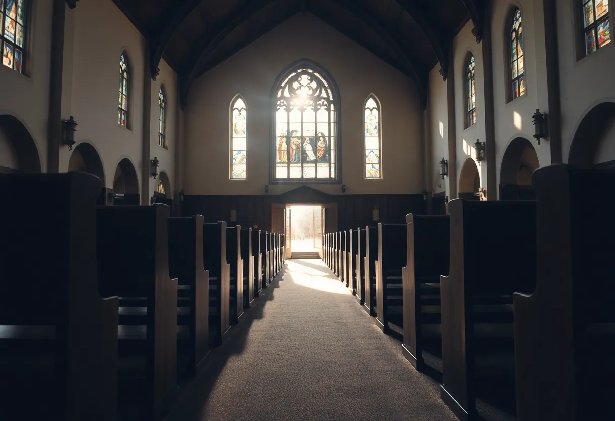 Interior of an empty church with sunlight illuminating the pews