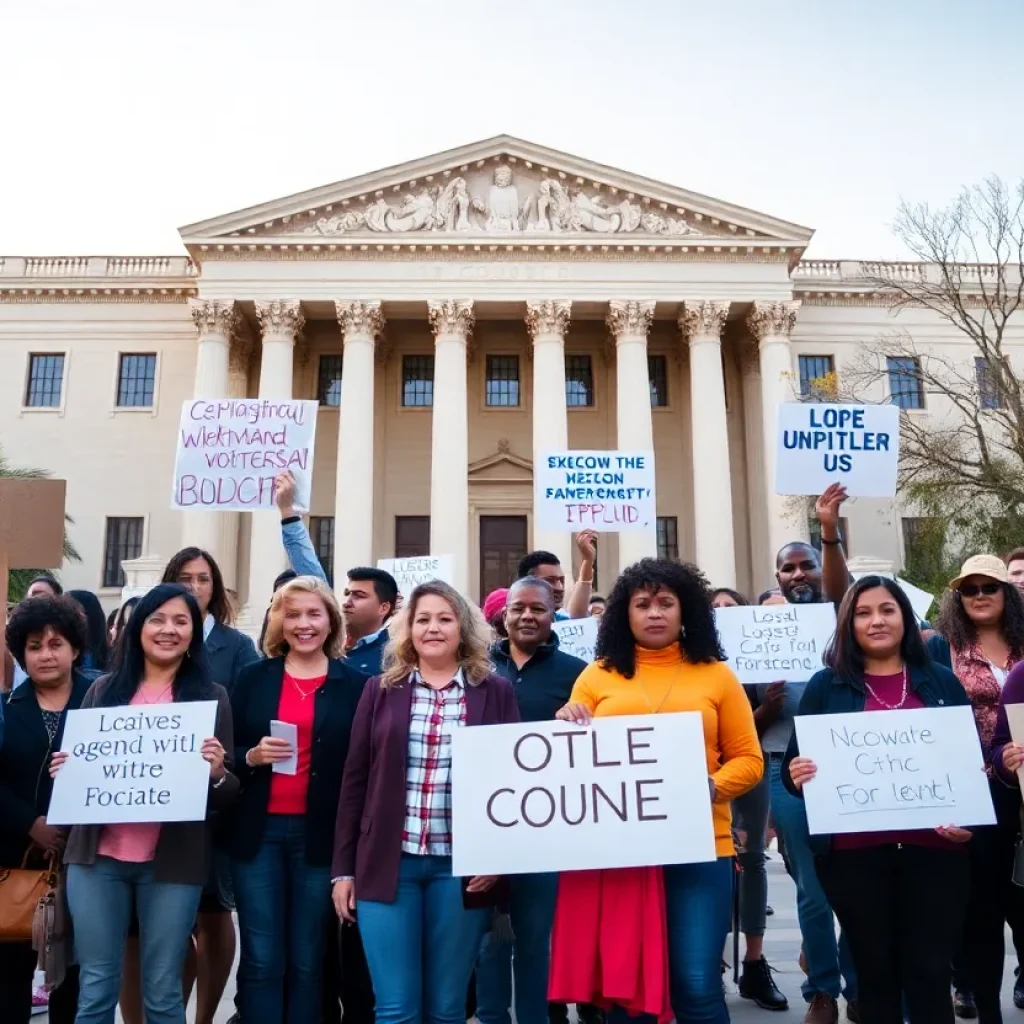 Group of community members advocating for immigrant rights outside a courthouse.