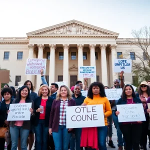Group of community members advocating for immigrant rights outside a courthouse.