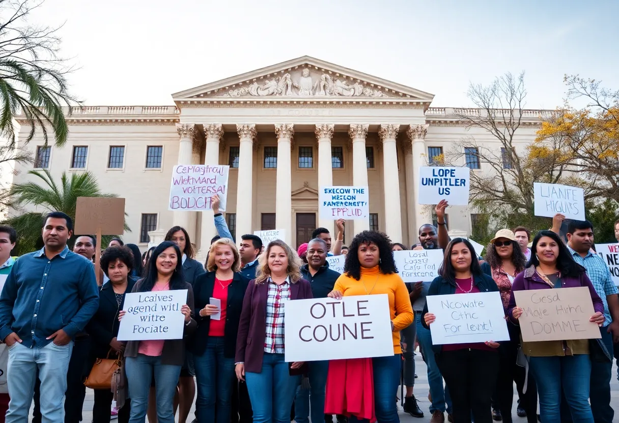 Group of community members advocating for immigrant rights outside a courthouse.