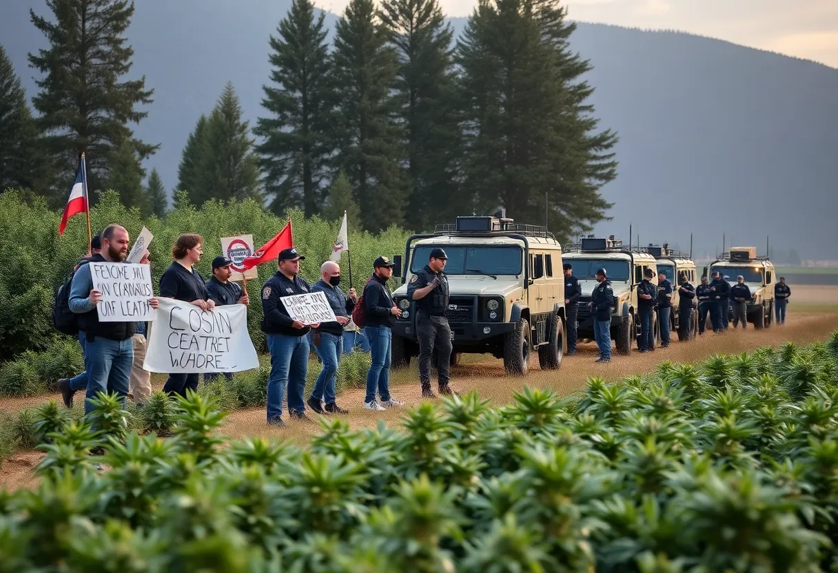 Demonstrators outside a cannabis farm during federal raids