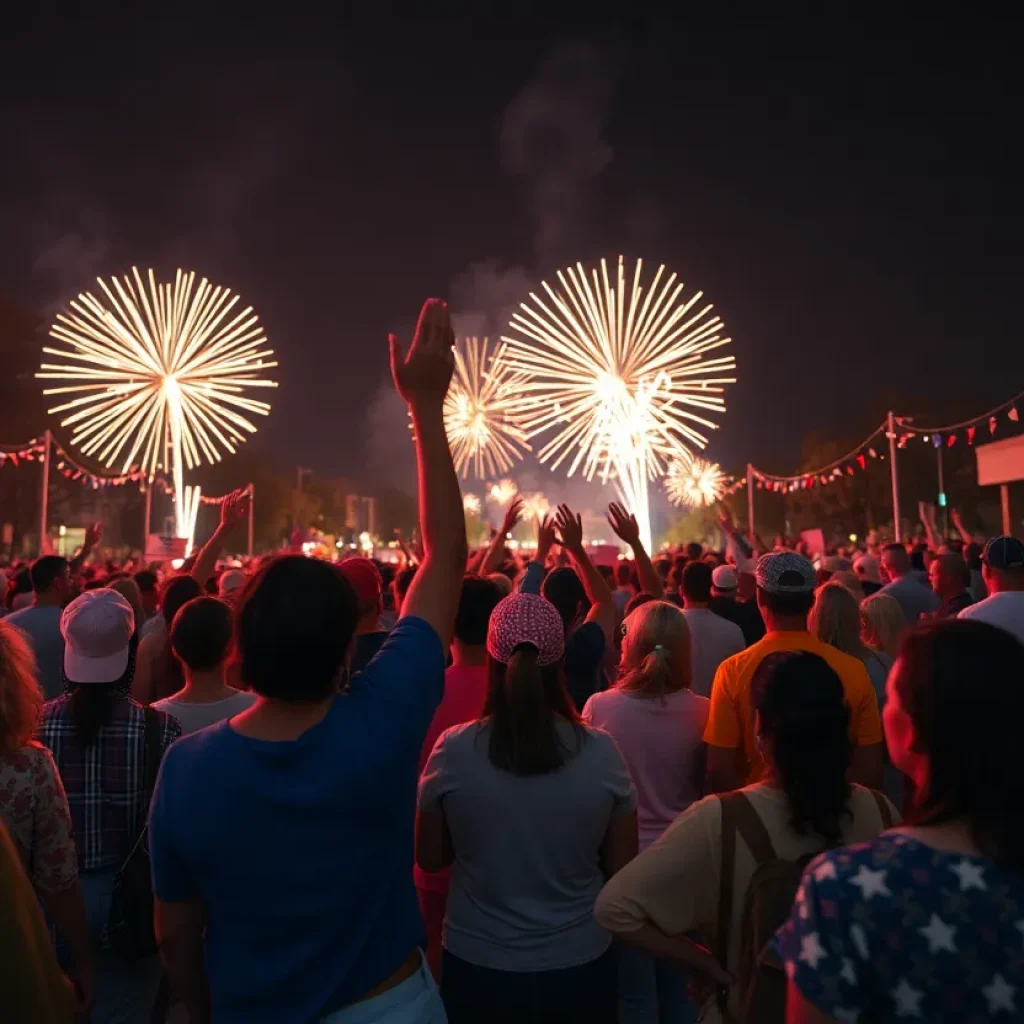 Celebration scene for Fourth of July with fireworks and a diverse crowd.