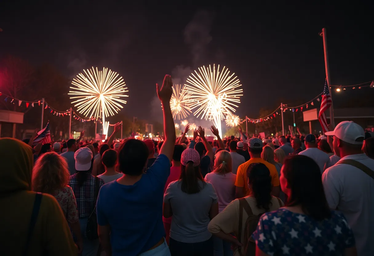 Celebration scene for Fourth of July with fireworks and a diverse crowd.