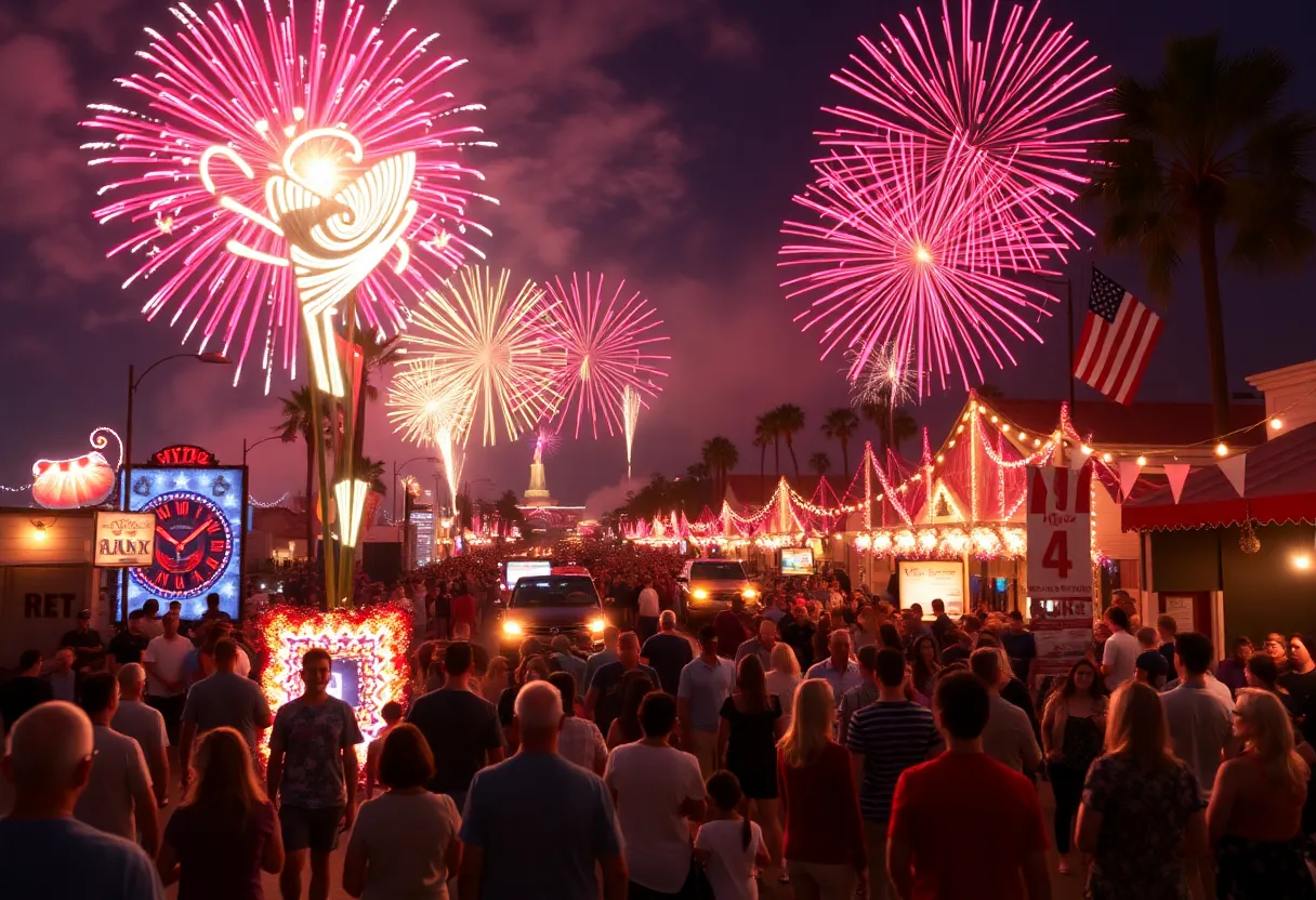 Celebrations of Fourth of July in Southern California with fireworks and parades
