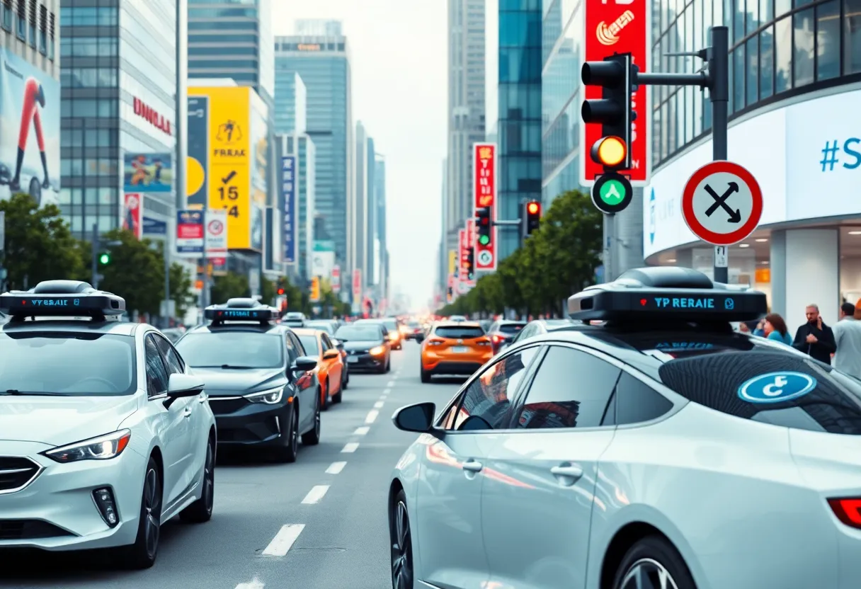 Futuristic self-driving cars navigating a busy urban city street.