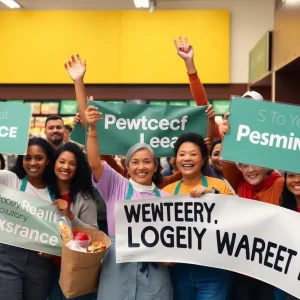 Grocery workers celebrating a negotiation agreement in store